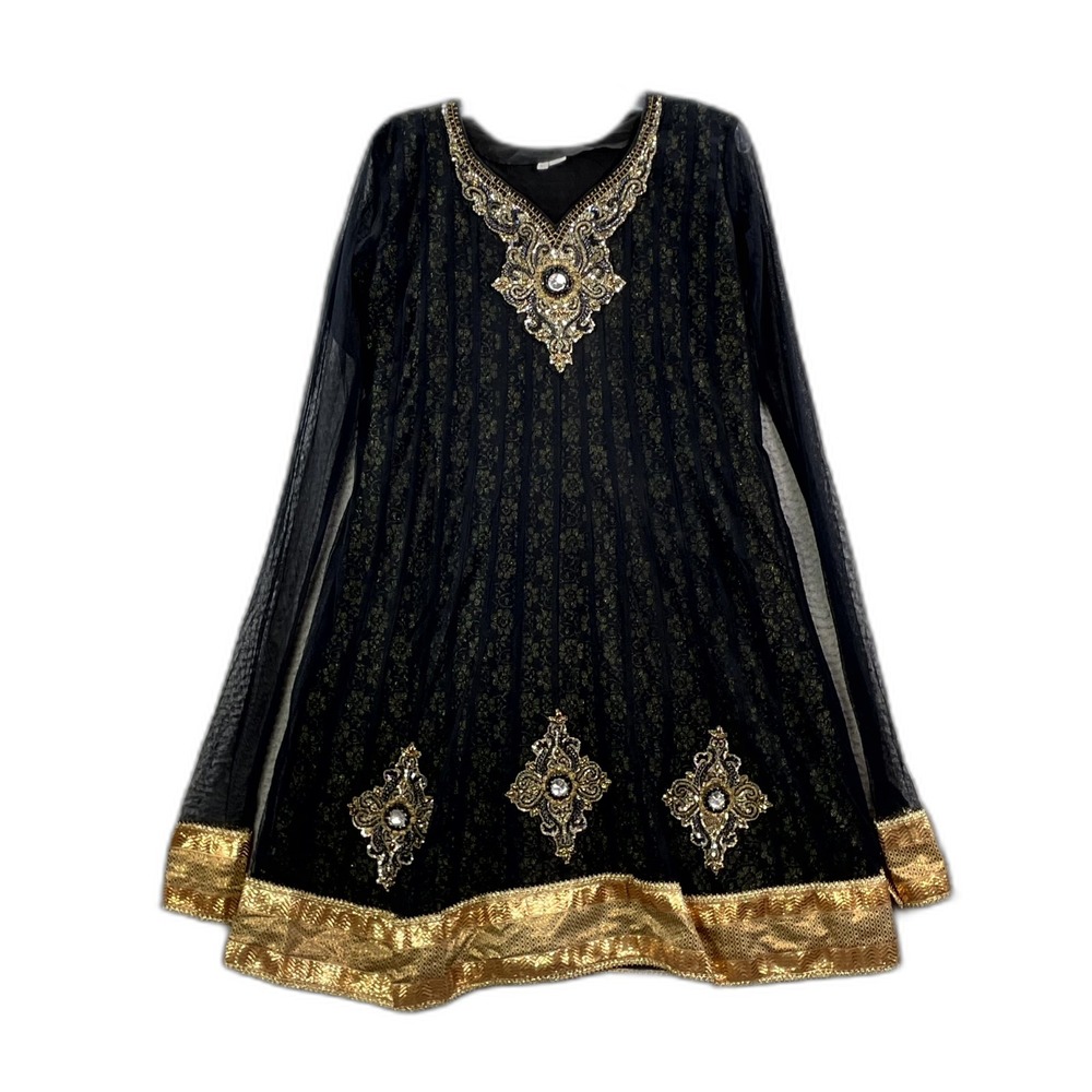 Women Indian Style Tunic Dress XL Black Gold Long Sleeve Beaded Cocktail Outdoor